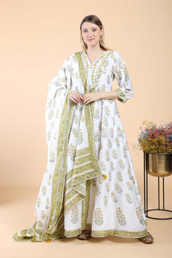 White block print with embroidered Anarkali Set set