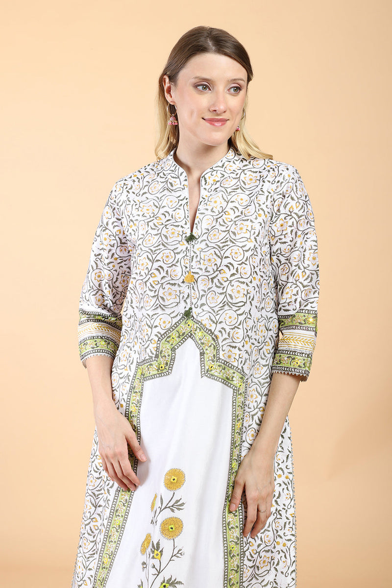 White block print with embroidered kurta suit set