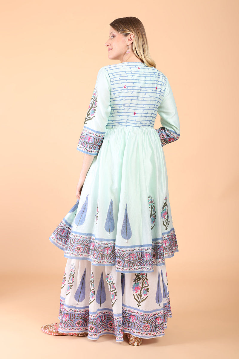 Sea green block print with embroidered Anarkali Set set