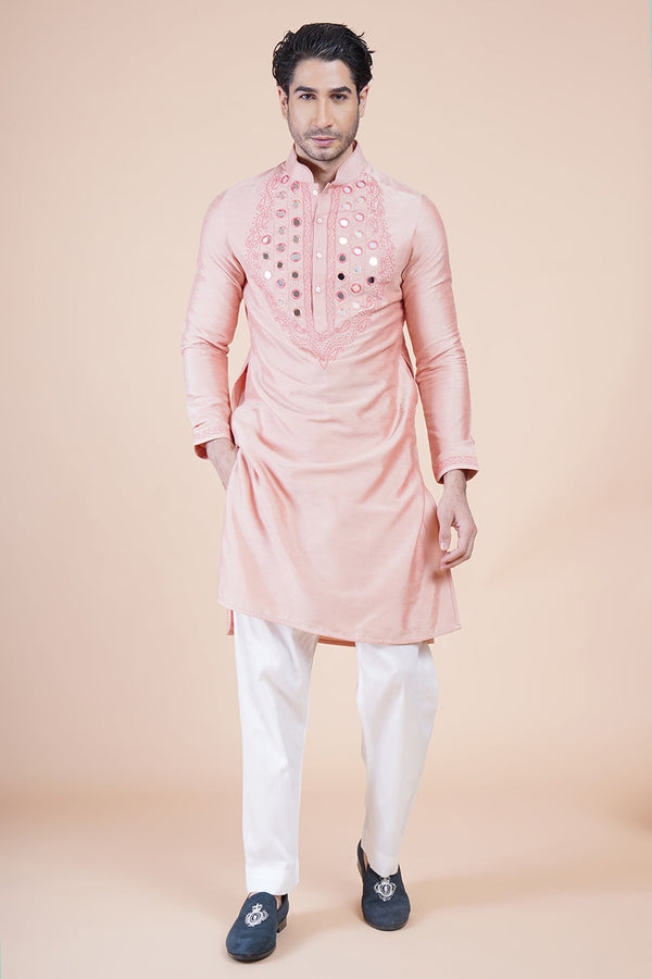 Pink Mirror Work Embroidered Kurta Set