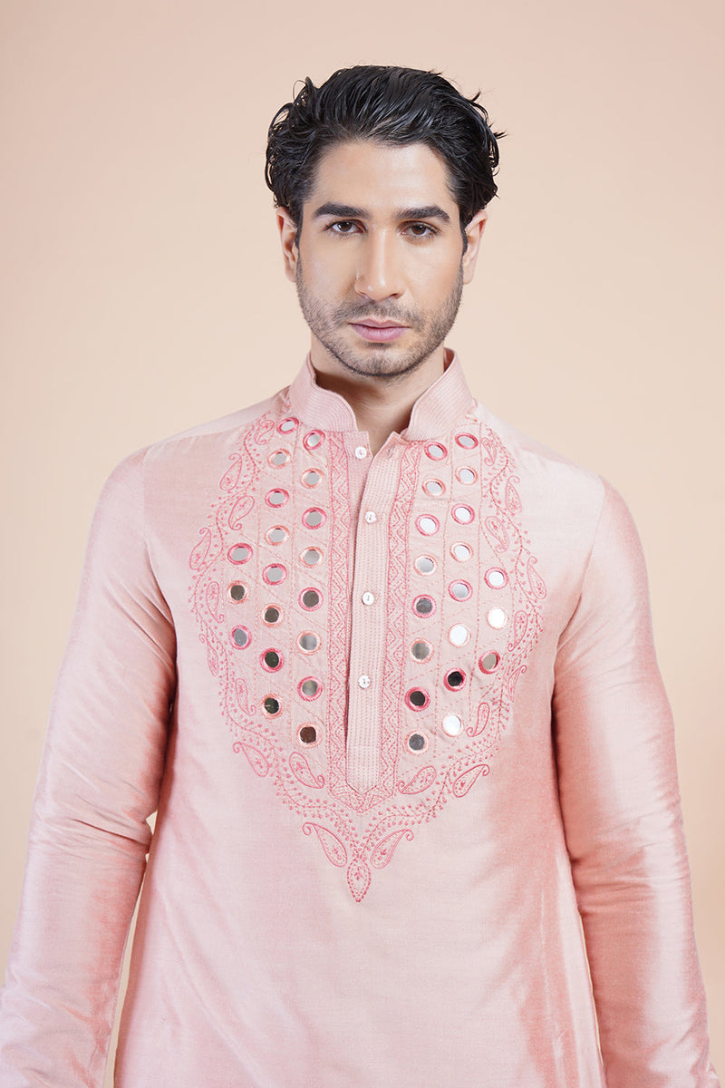 Pink Mirror Work Embroidered Kurta Set