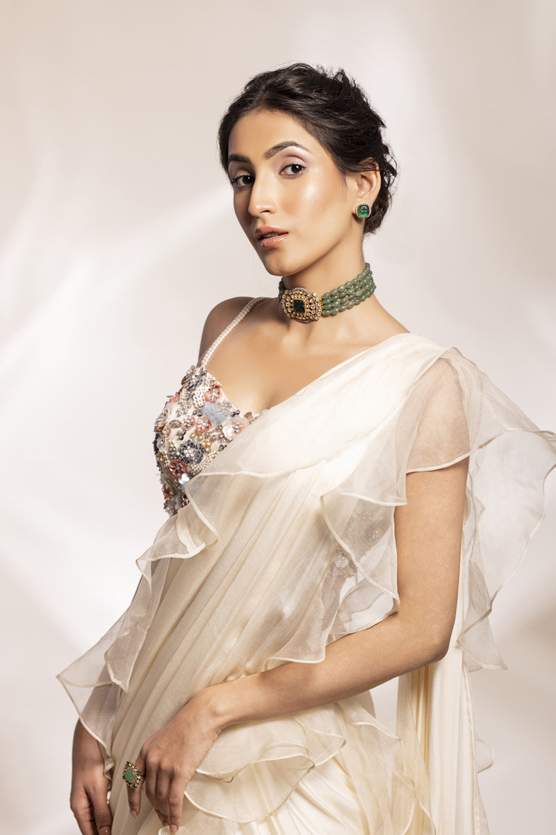 Opulant Organza Drape Saree With Pearl Straps