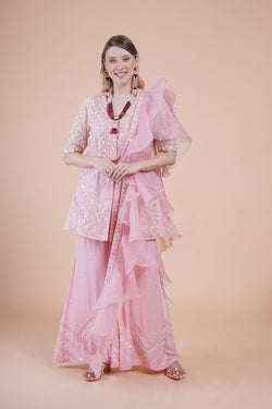 Pink Net Embroidered Kurta Kurta Sets