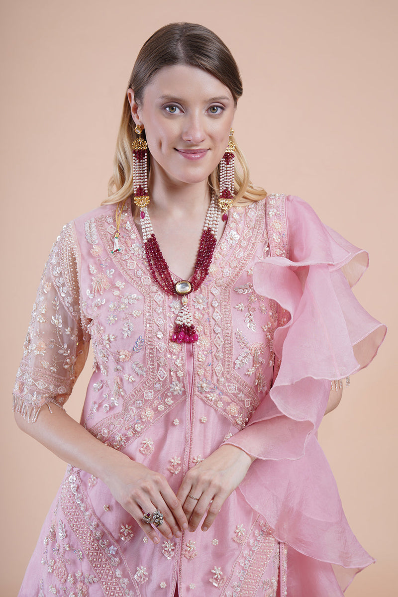 Pink Net Embroidered Kurta Kurta Sets