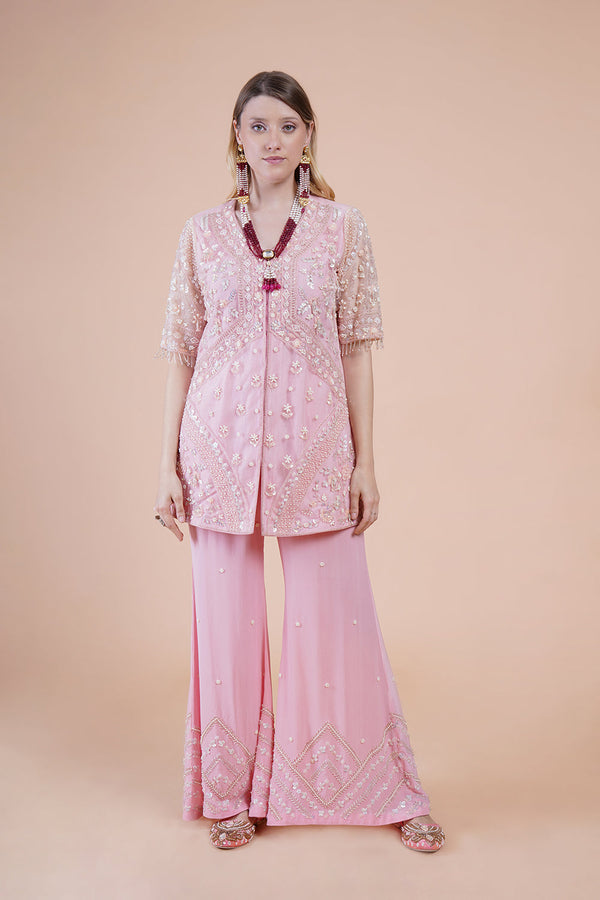 Pink Net Embroidered Kurta Kurta Sets