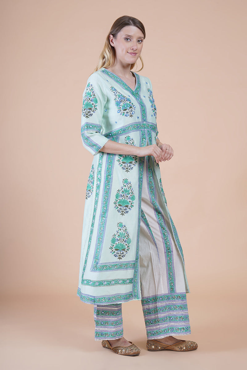 Sea green block print with embroidered kurta suit set