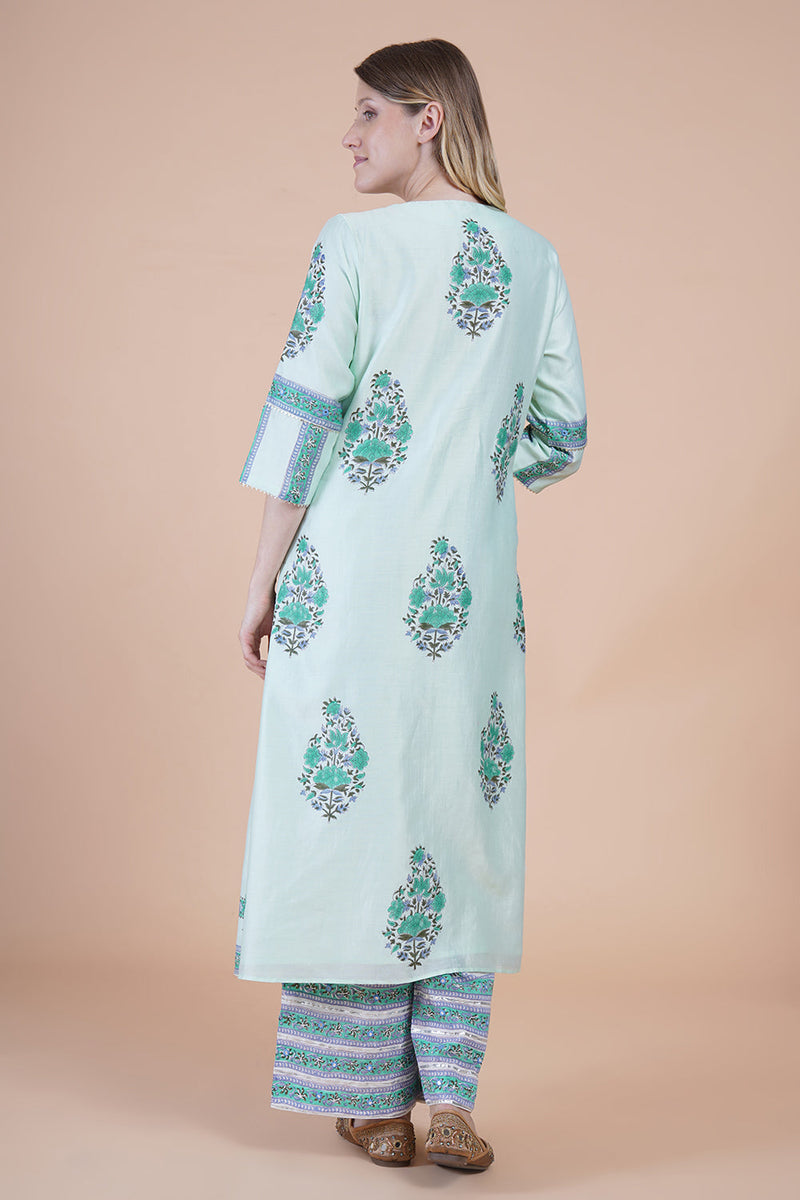 Sea green block print with embroidered kurta suit set