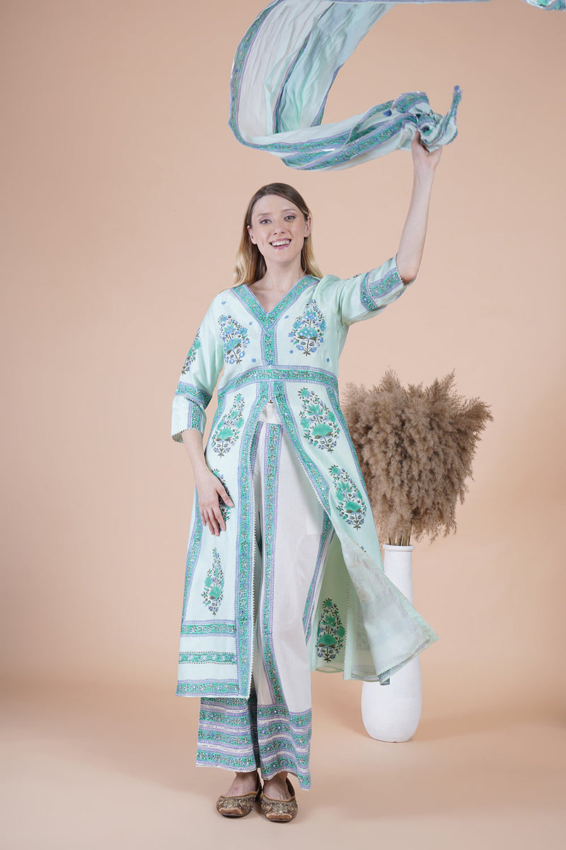 Sea green block print with embroidered kurta suit set