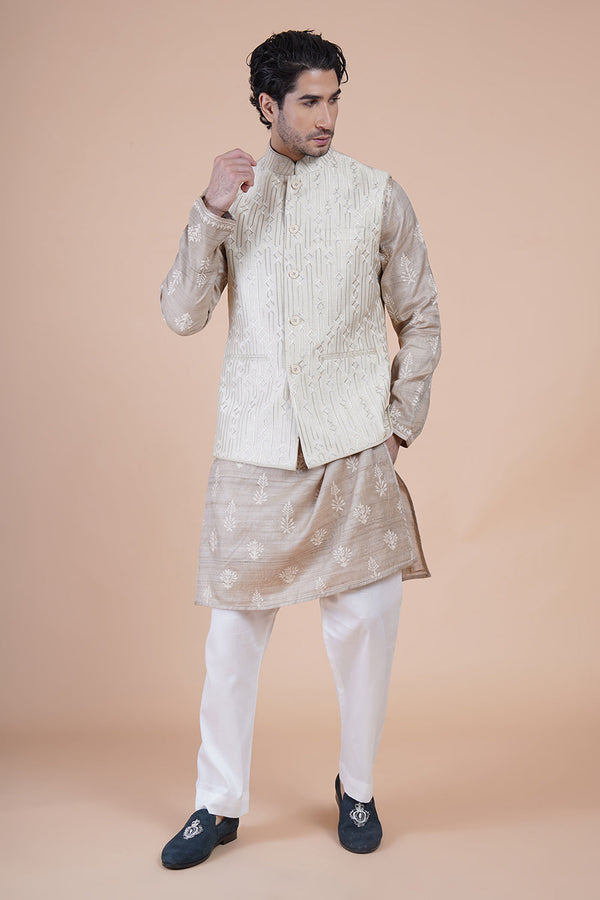 White Embroidered Bundi Kurta Set