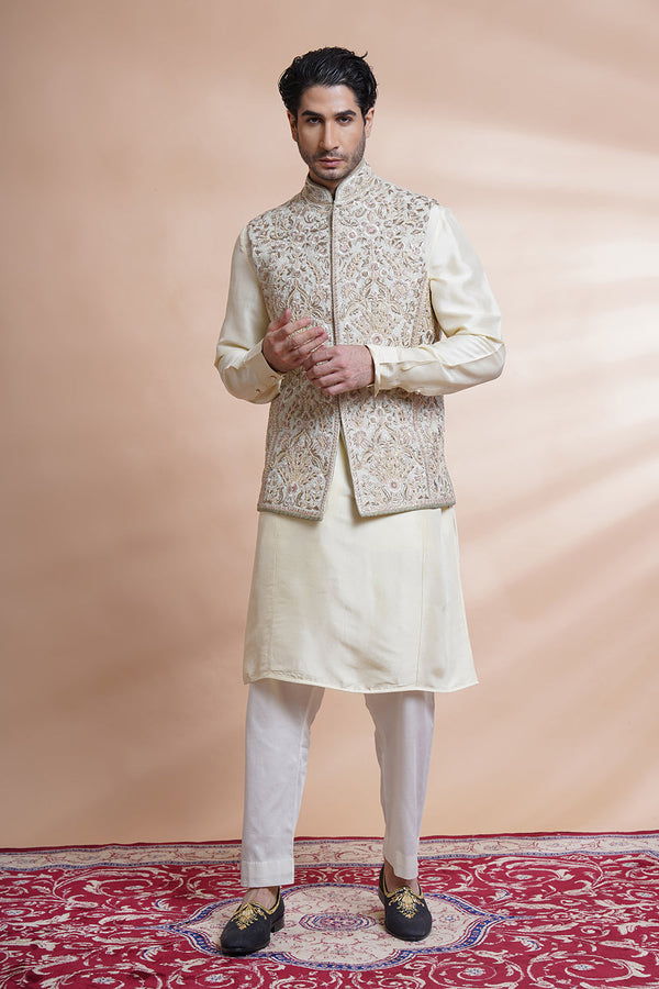 Beige Embroidered Bundi