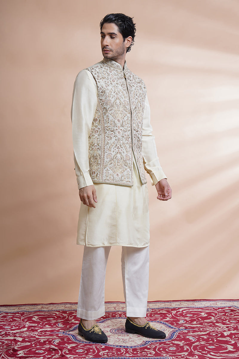 Beige Embroidered Bundi