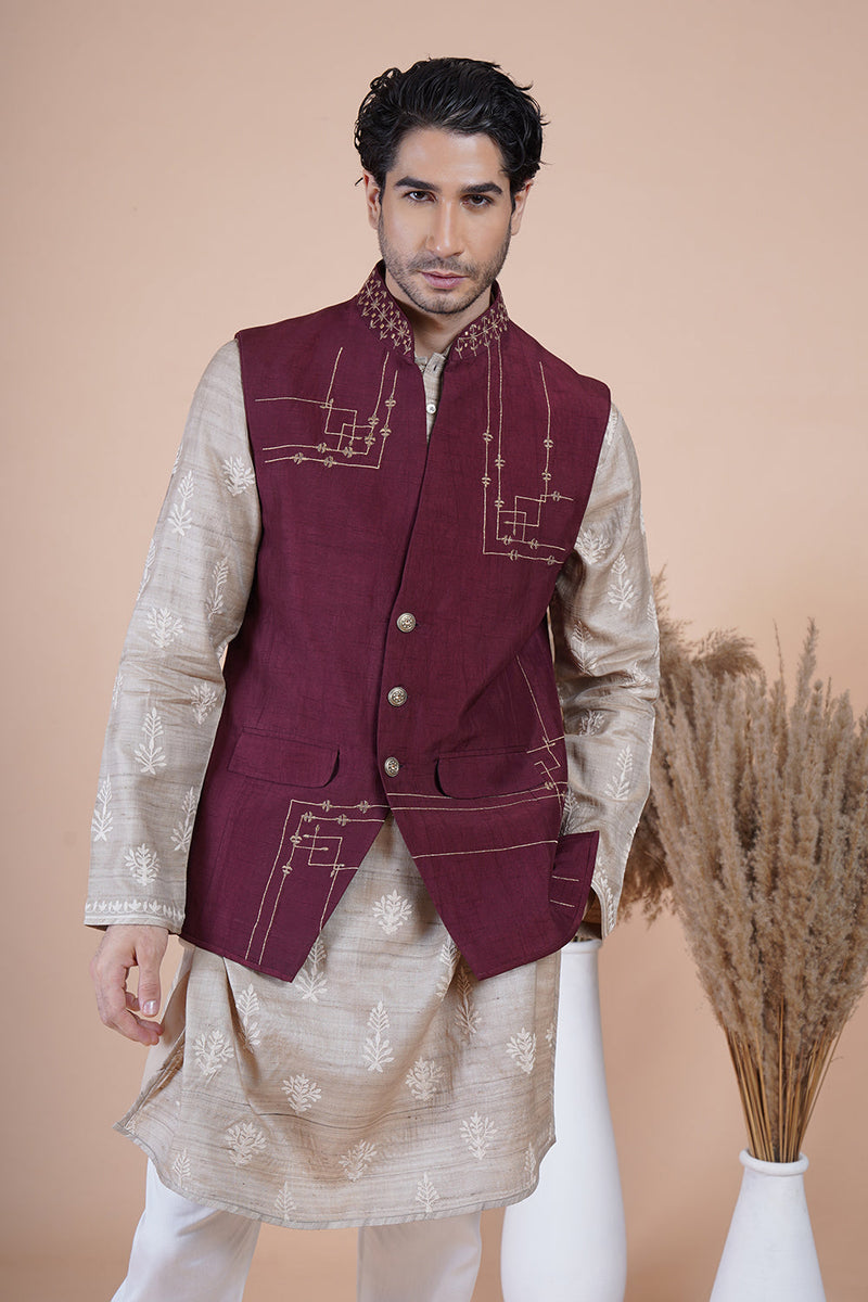 Maroon Embroidered Bundi Set