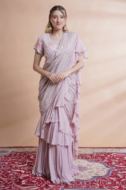 Mauve Georgette Drape Saree Set