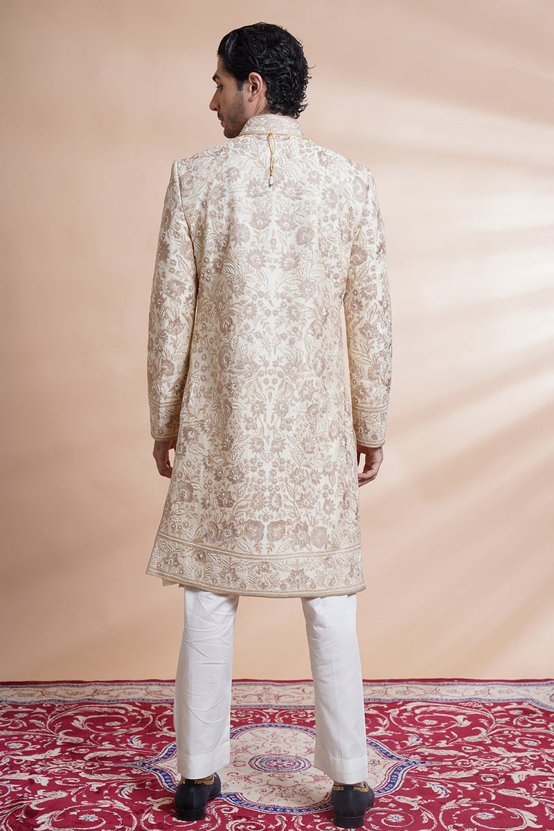 Off White Embroidered Sherwani Kurta Set