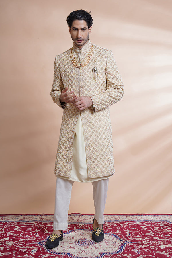 Beige Embroidered Sherwani Kurta Set