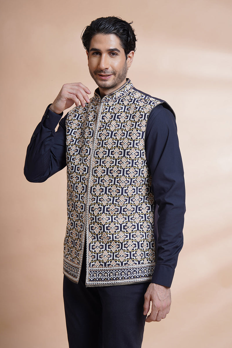 Navy Embroidered Bundi Set