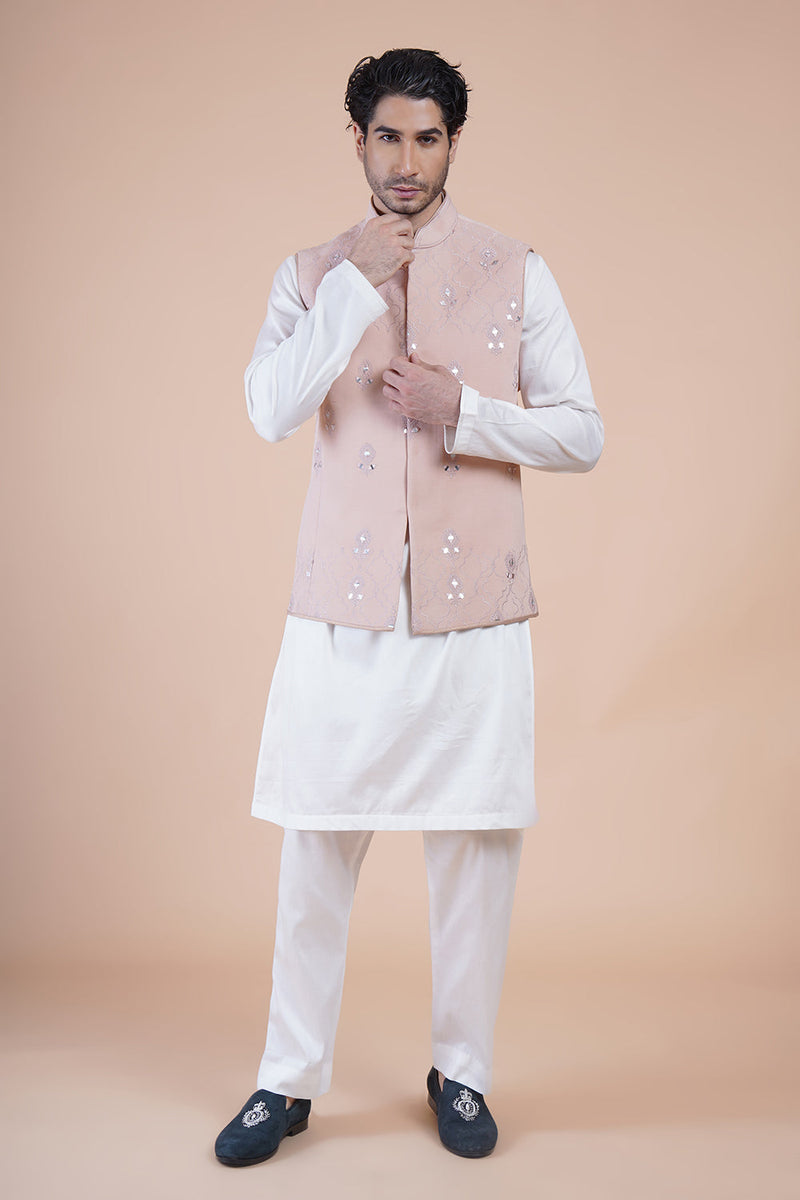 Pink Embroidered Bundi Kurta Set