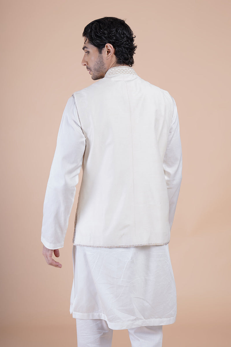 Off White Embroidered Bundi Kurta Set