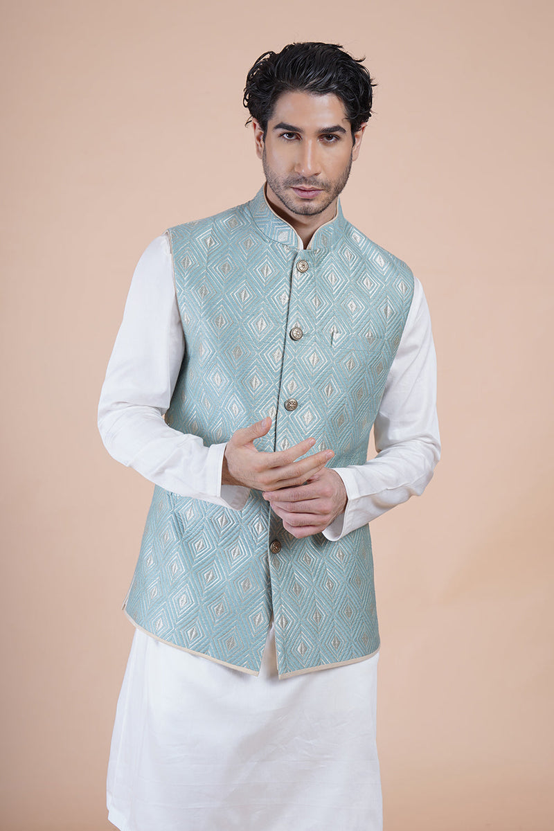 Blue Brocade Quilted Bundi