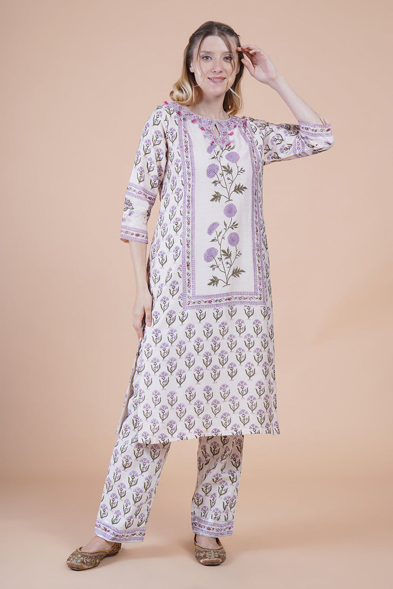 White block print with embroidered kurta suit set