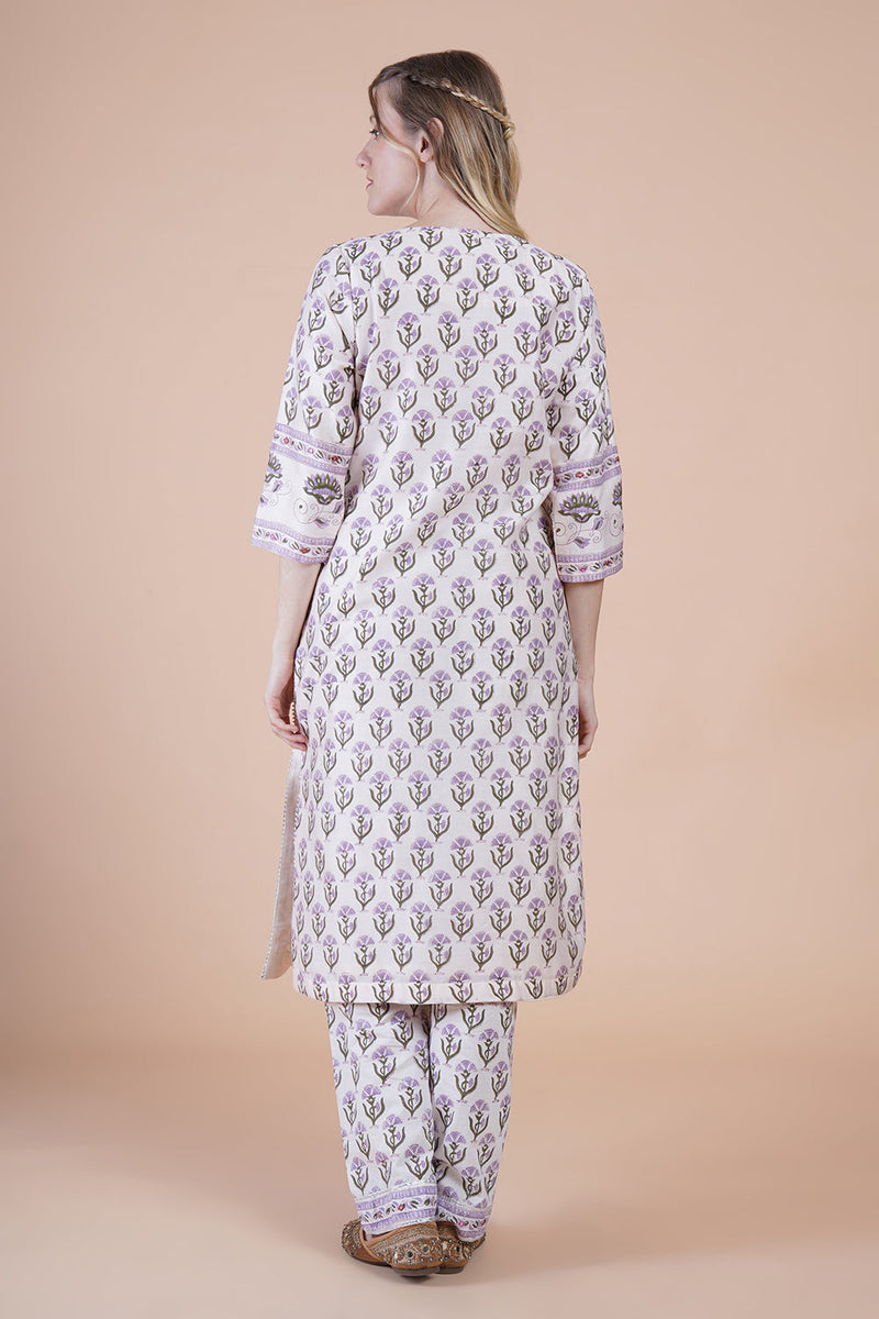 White block print with embroidered kurta suit set