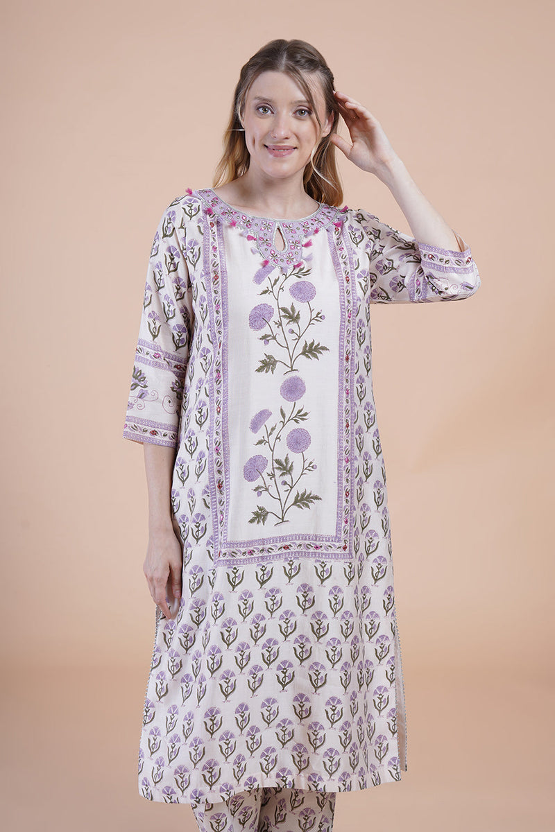 White block print with embroidered kurta suit set