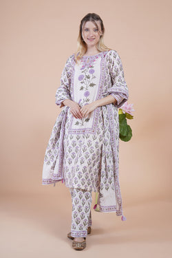 White block print with embroidered kurta suit set