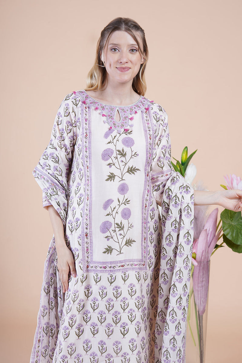 White block print with embroidered kurta suit set