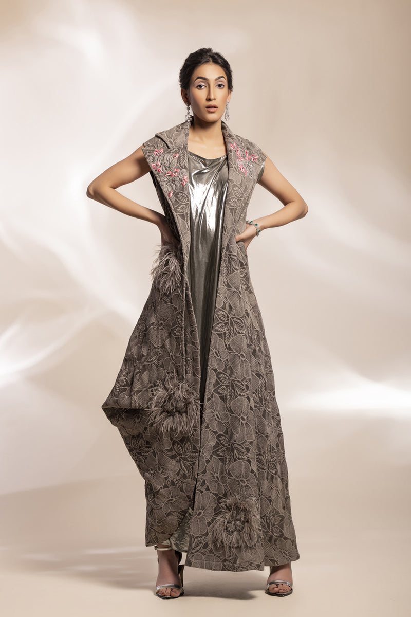 Grey Lace Scuba Coat With Fuchia Motif With Two-Tone Mettalic Shimmer Drape