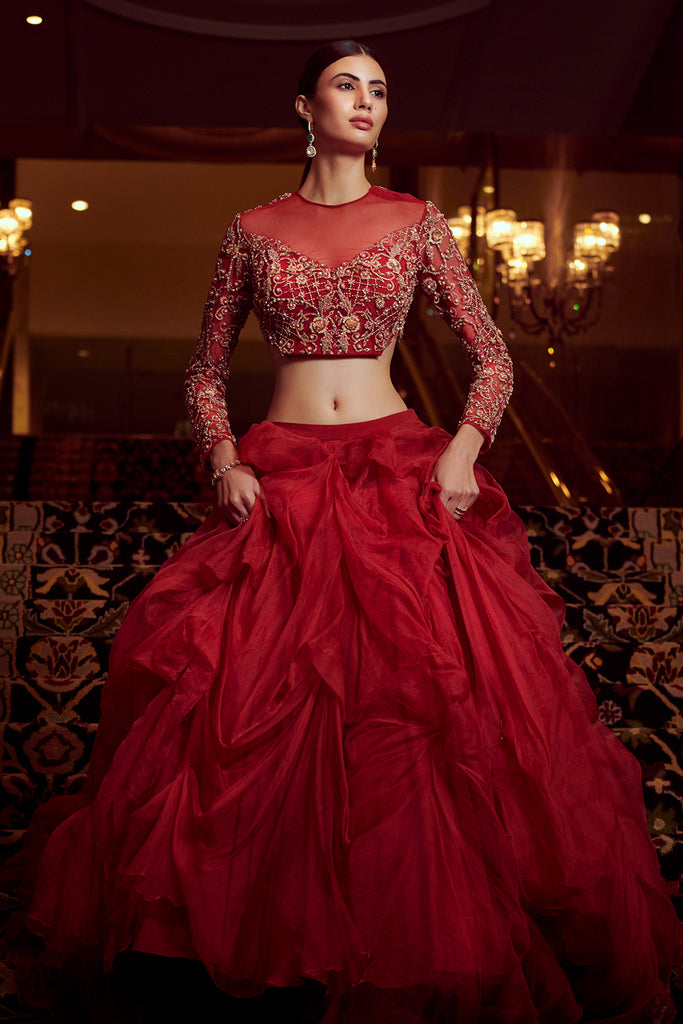 Machine Red Embroidery Designer Party Wear Lehenga Choli at Rs 1599 in Surat