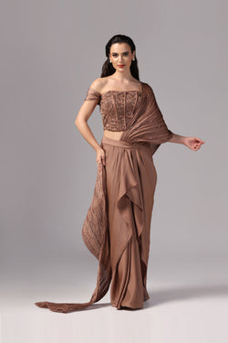 Brown Indo Western Saree