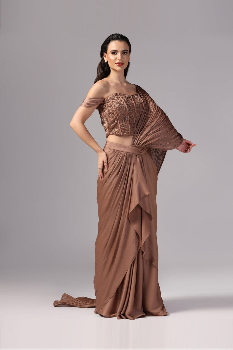 Brown Indo Western Saree