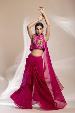 Fuscia Cropped Jacket With Gold Embellishments + Pleated Organza Sharara