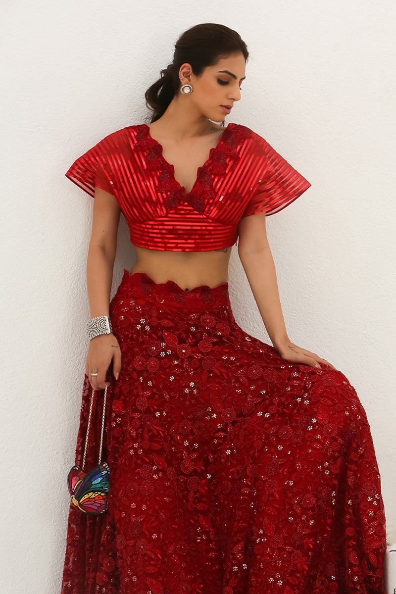 Bela -  Scarlet Red Crop Top Lehenga Set