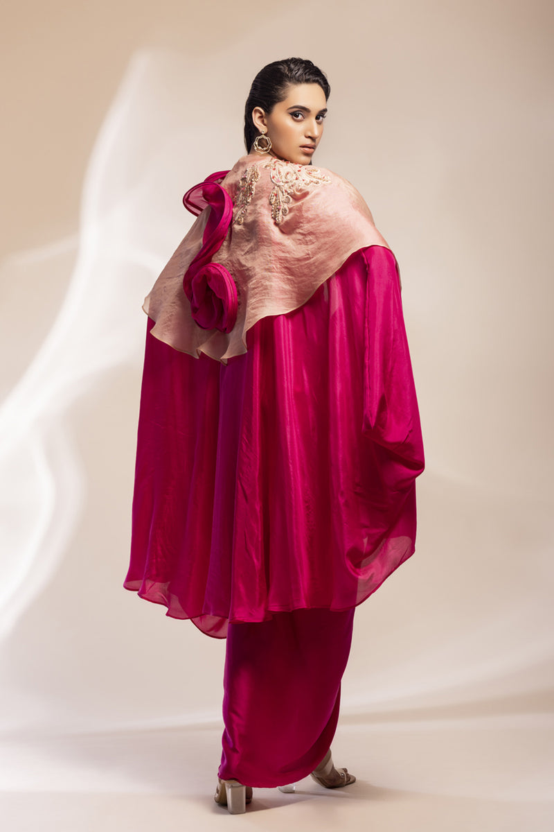 Fuchsia And Champaign Silk Cape With Embroidery, Paired With Satin Modal Dress.