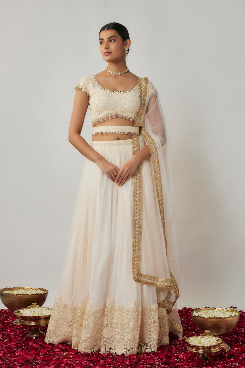 Ivory Sequin And Thread Embroidered Floral Lehenga Set