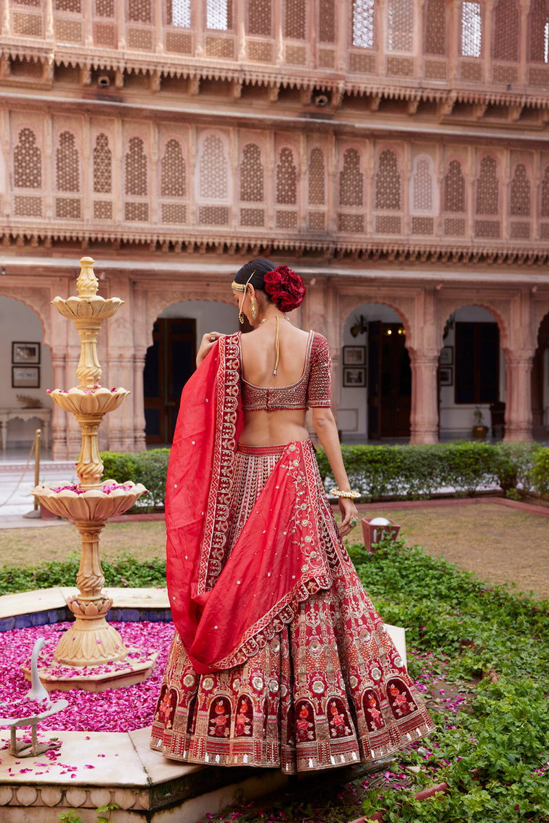 "Aashi" Red Hand Embroidered Bridal Lehenga Set