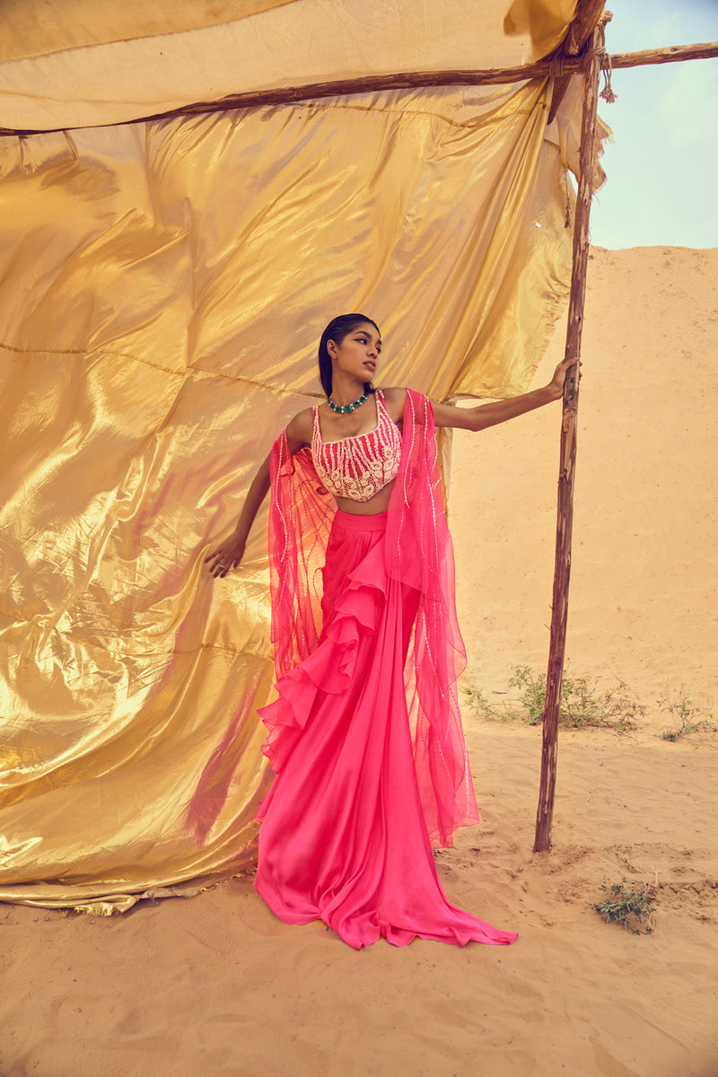 Draped Skirt With Corset Blouse With Falling Cape Sleeves