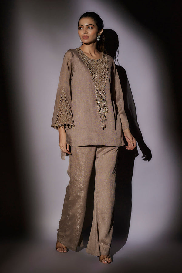 Front Neck Embroidered With Seeves Detailing Paired With Straight Hipster Pants