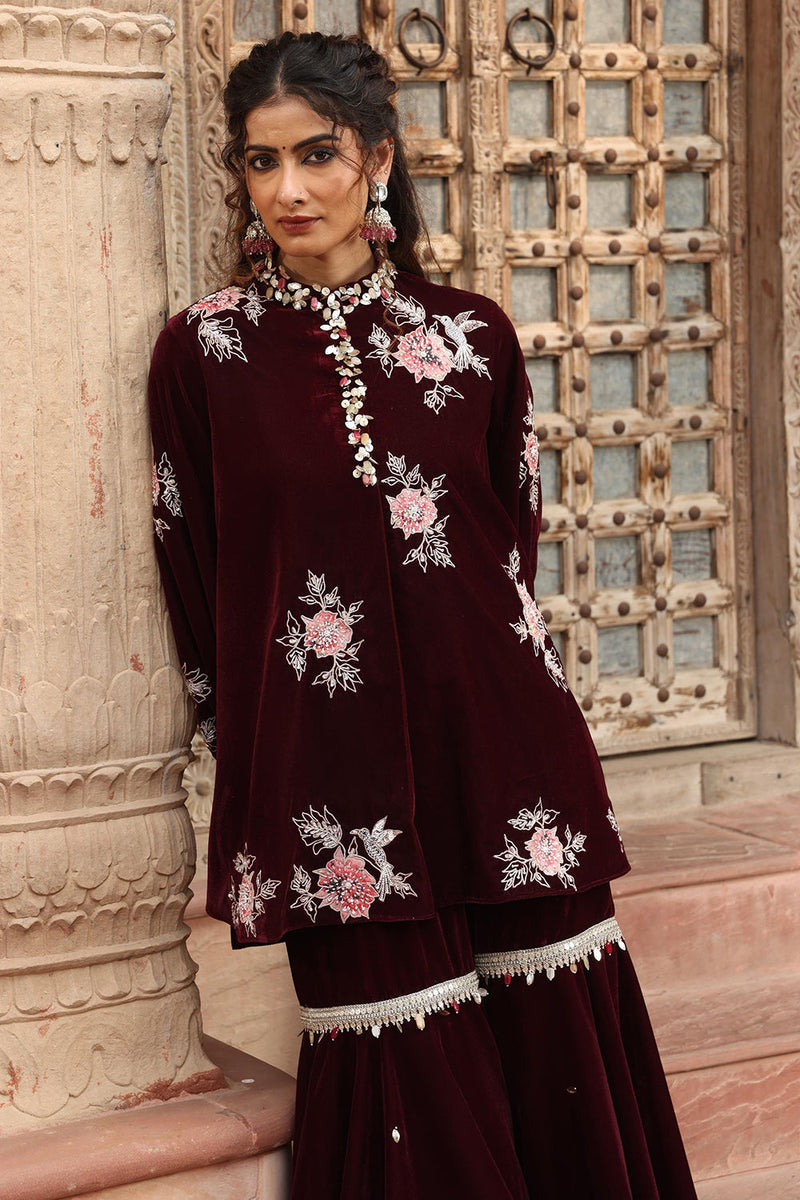 Wine Kurta Sharara Set