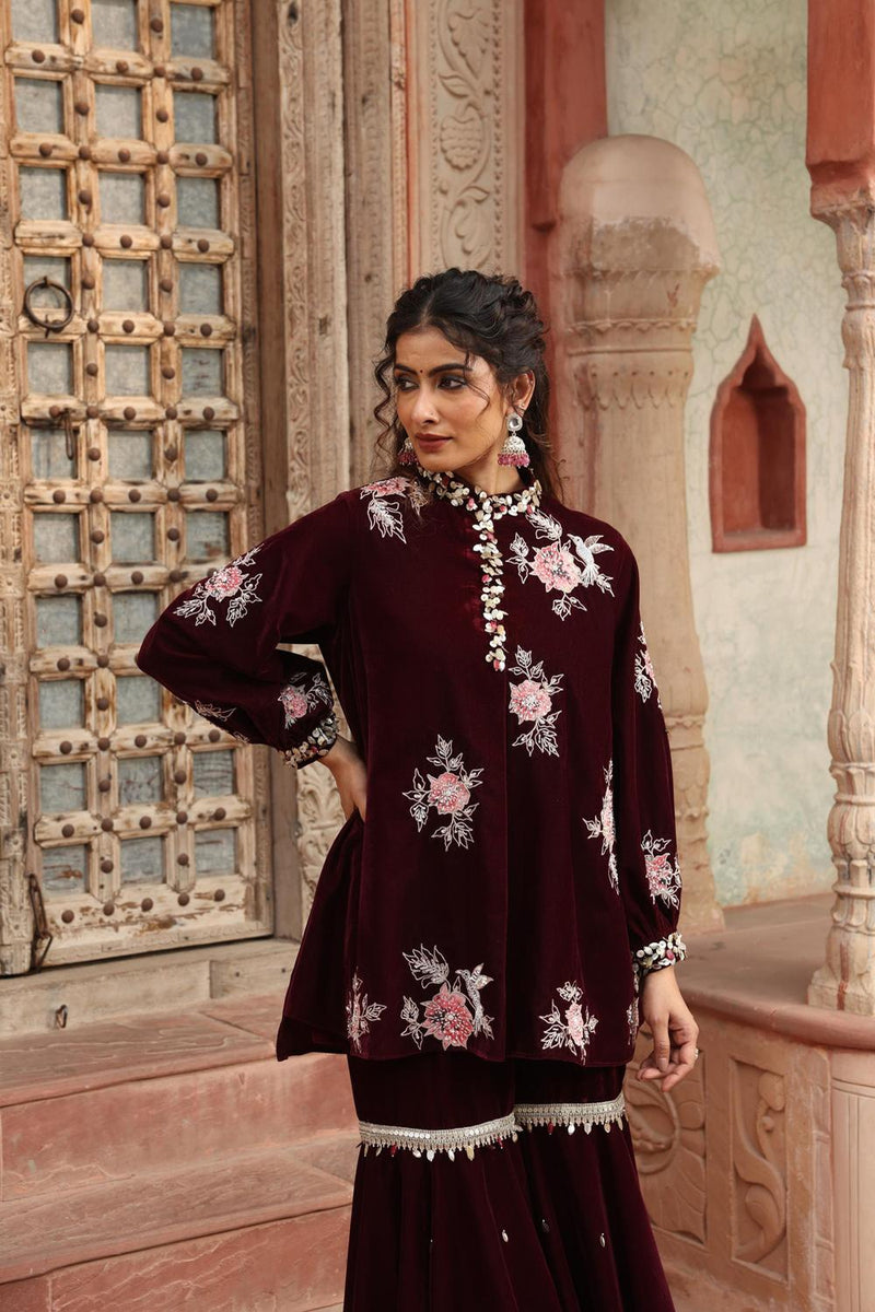 Wine Kurta Sharara Set