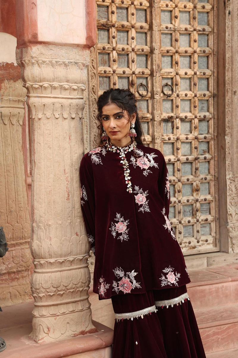 Wine Kurta Sharara Set