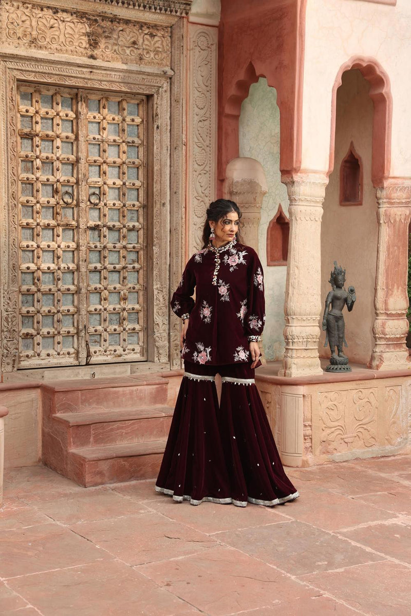 Wine Kurta Sharara Set