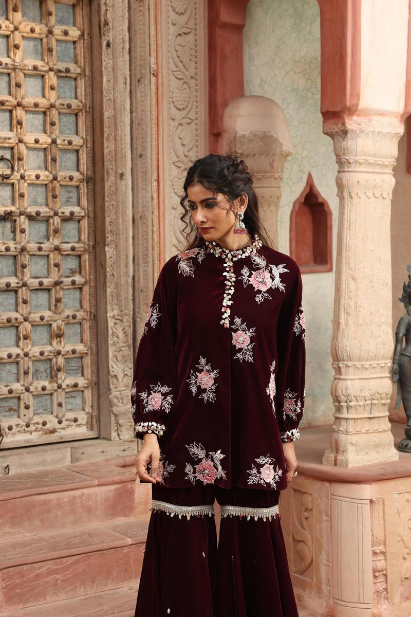 Wine Kurta Sharara Set