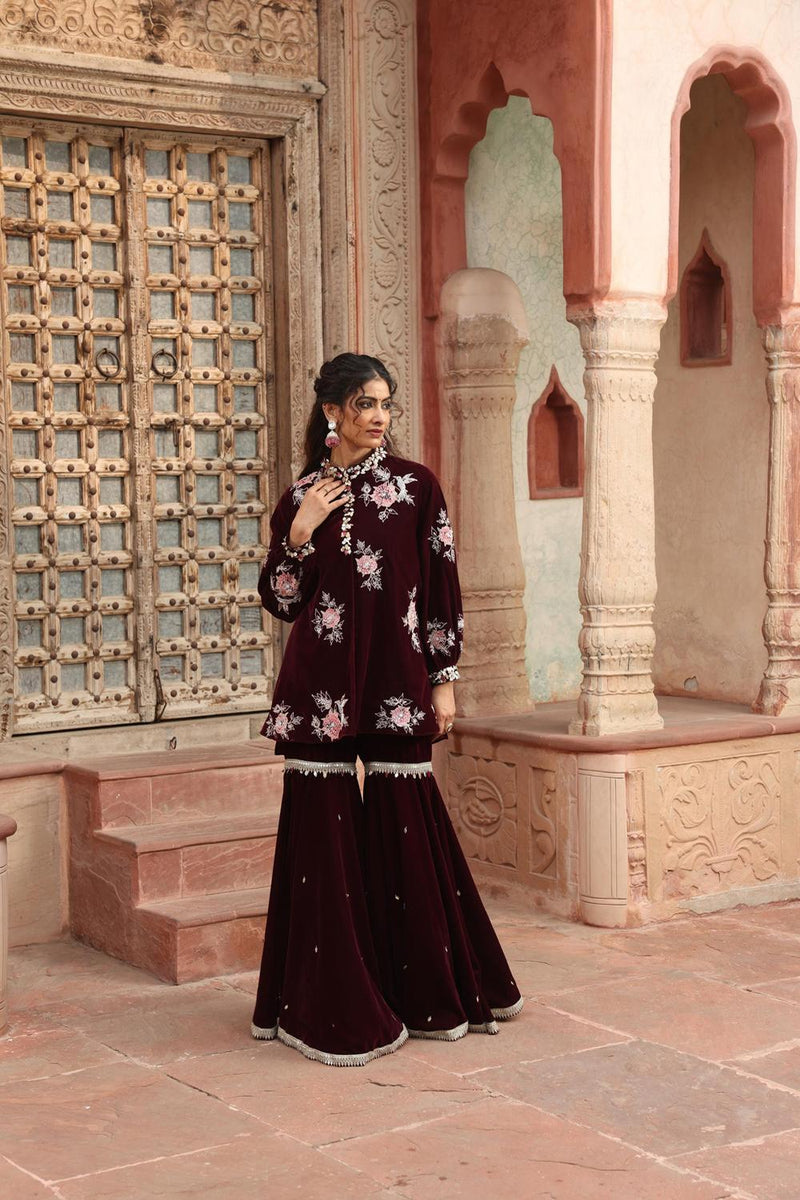 Wine Kurta Sharara Set