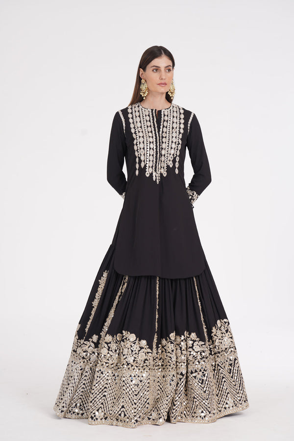 Carbon Black Kurti Skirt Embellished Using Ivory Trims