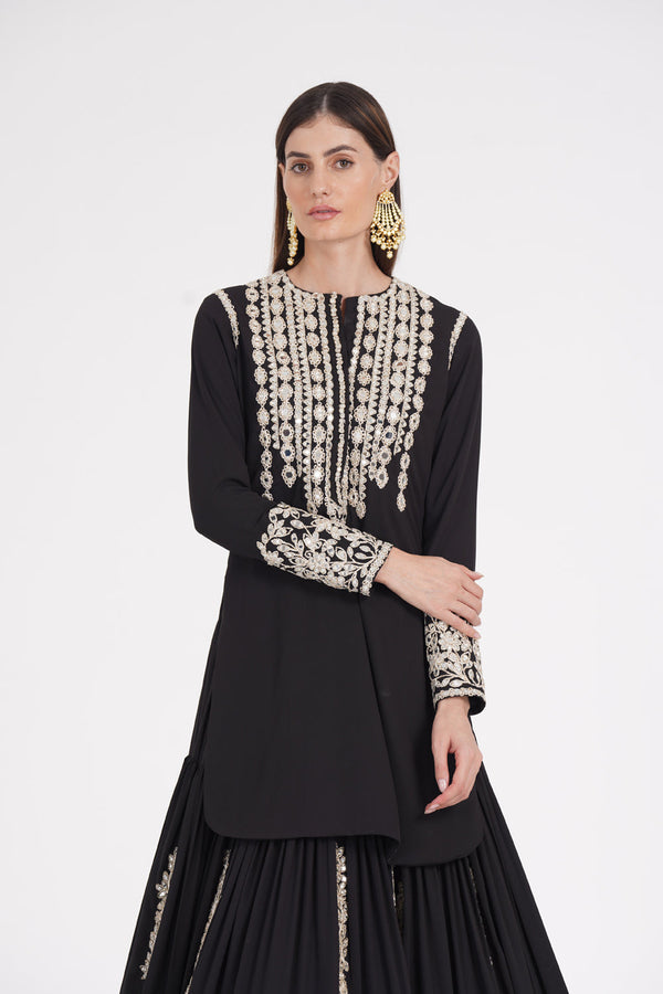 Carbon Black Kurti Skirt Embellished Using Ivory Trims