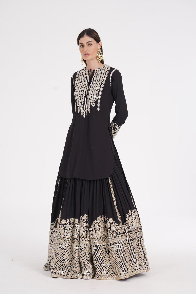 Carbon Black Kurti Skirt Embellished Using Ivory Trims