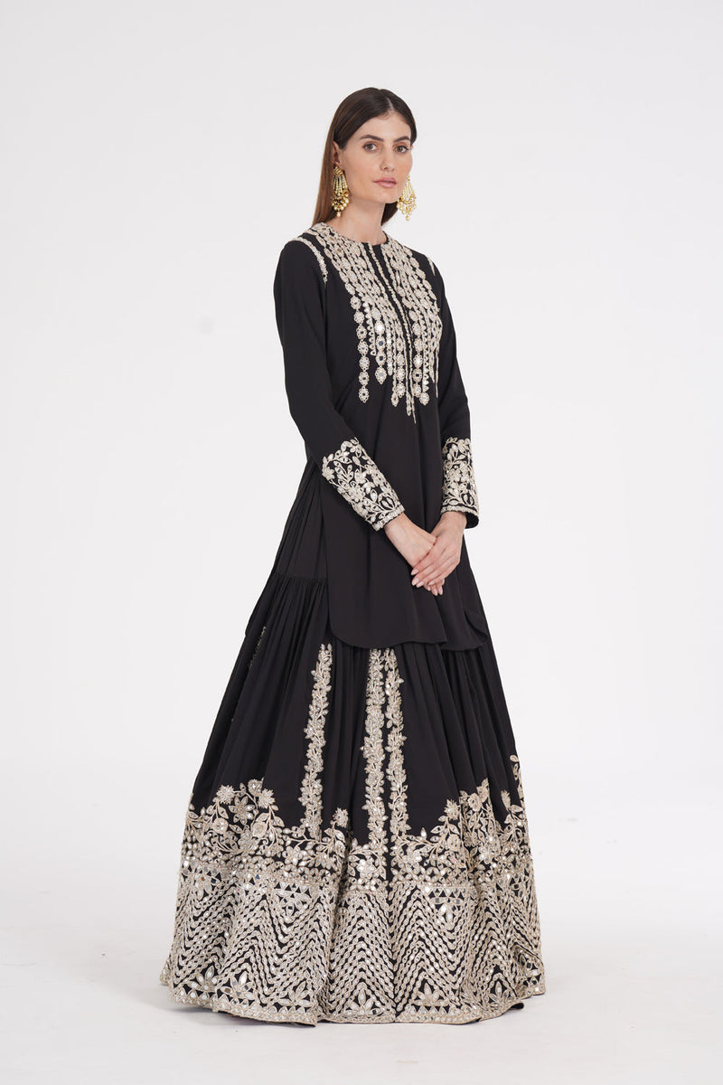 Carbon Black Kurti Skirt Embellished Using Ivory Trims