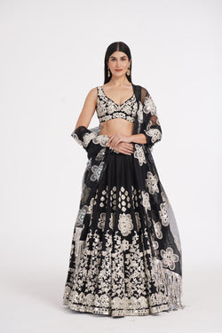 Jet Black Lehenga Set Embellished Using Ivory Details